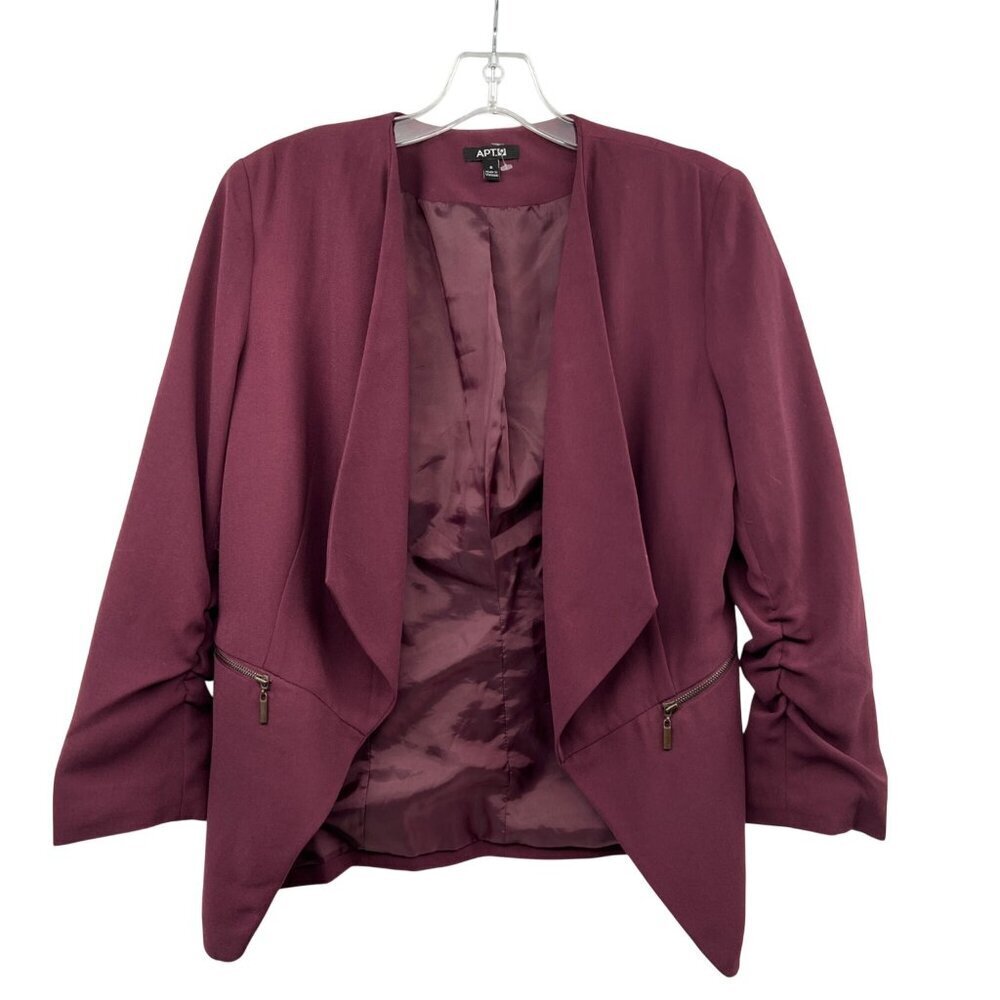 Apt. 9 Womens Open Blazer Zip Pockets Ruched 3/4 Sleeve Maroon Size 6